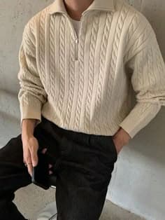 Cream cable-knit polo sweater